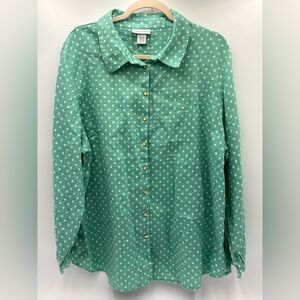 Soft Surroundings 100% Linen Polka Dot Button Front Blouse 3X Green White